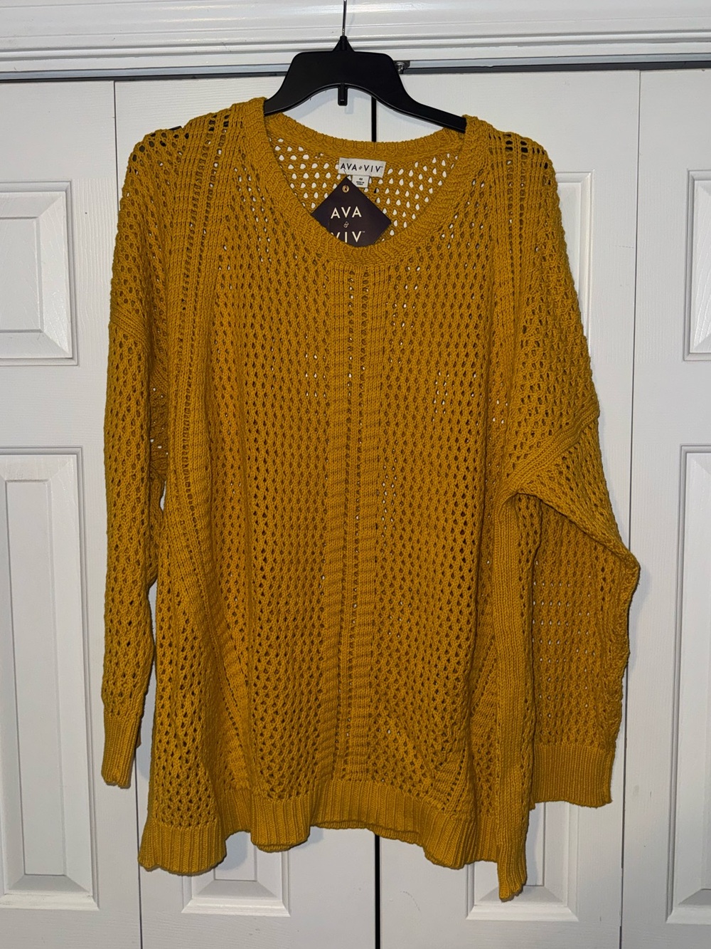Ava & Viv Plus Size Mustard Open-Knit V-Neck Sweater